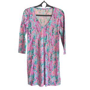 Lilly Pulitzer Tessa Dress XS Seaweed Samba Pink Blue Cotton V-Neck 3/4 Sleeve